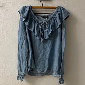 Vintage NY LINE 100% Cotton Denim Ruffle Tie Blouse Large